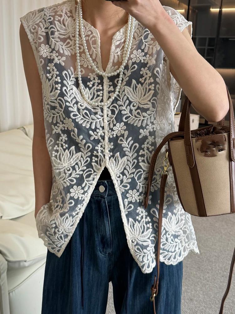 

Женский кружевной жаккардовый кардиган без рукавов с V-образным вырезом и многослойным дизайном - Лето 2025 Высококачественный универсальный жилет Medium грязно-белый
