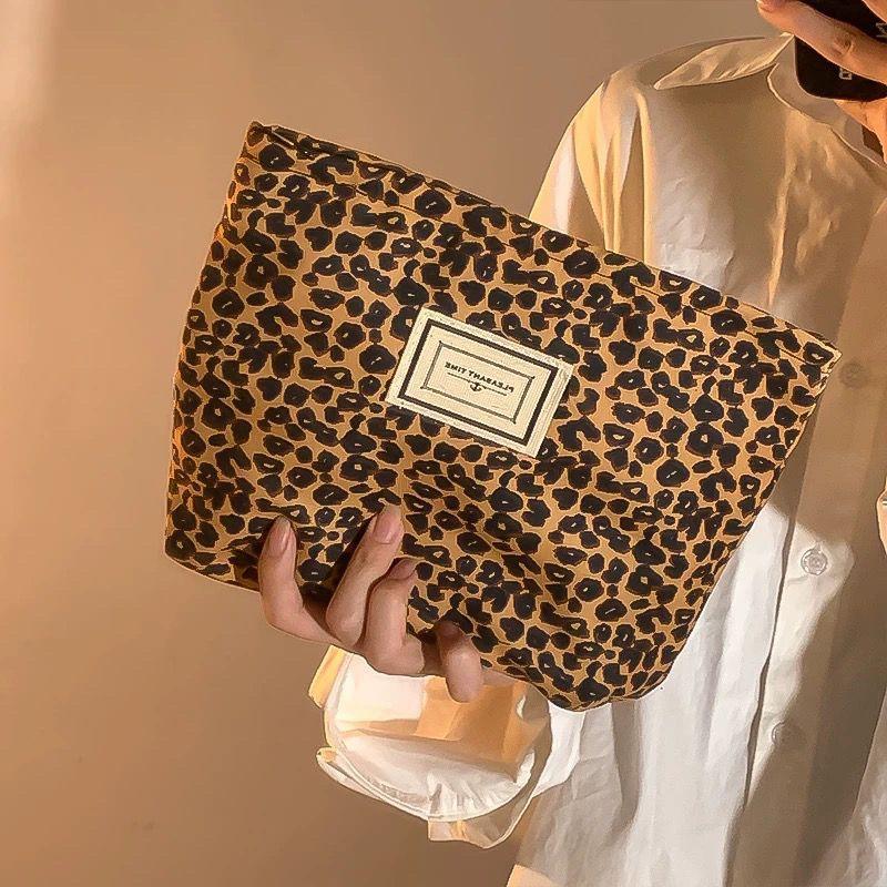 Leopard Print Canvas Makeup Bag For Women, Portable Travel, Skincare Products, Lipstick Storage Bag, Toiletry Bag