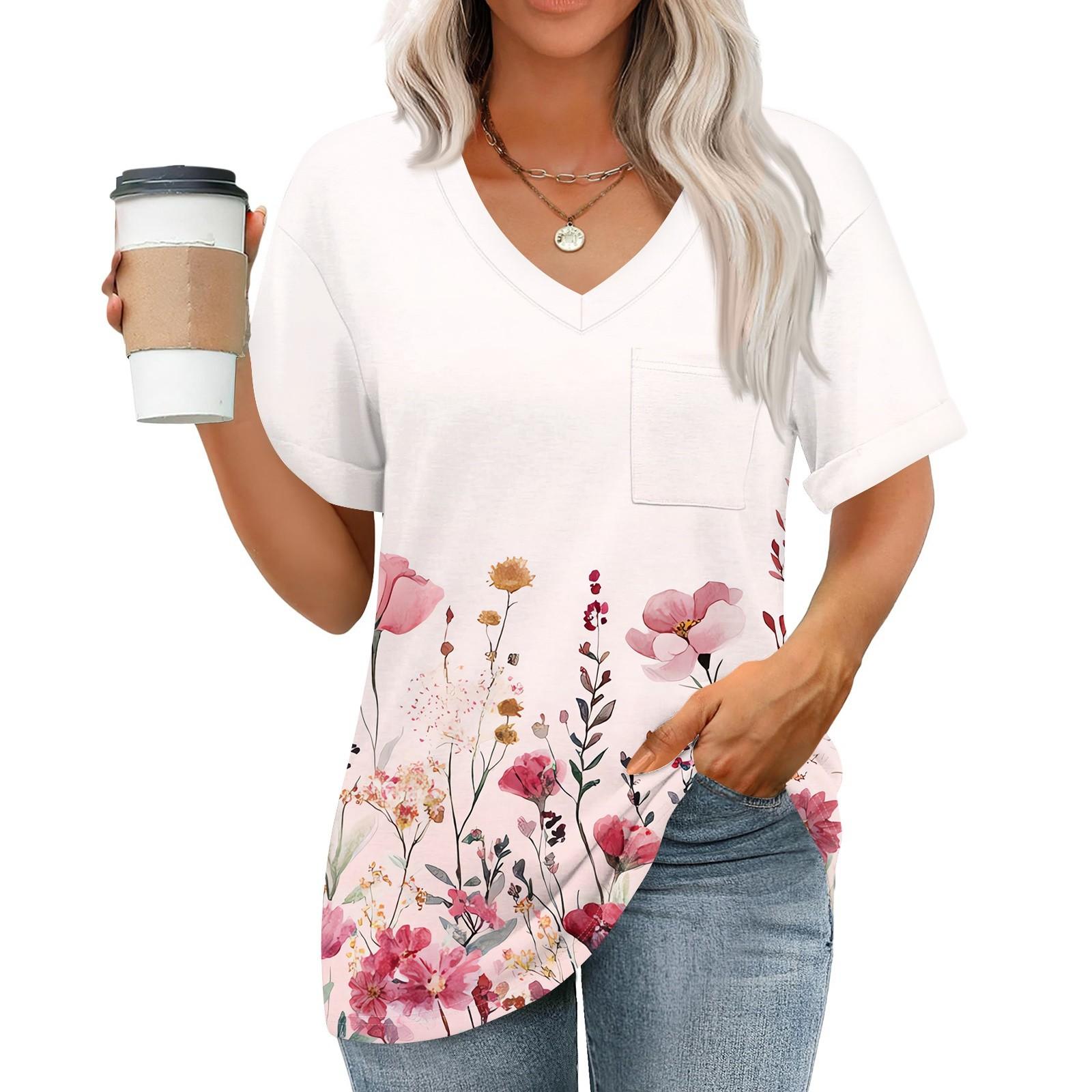 

Жіночі топи з V-подібним вирізом і короткими рукавами, повсякденні модні туніки з принтом і кишенями XXL