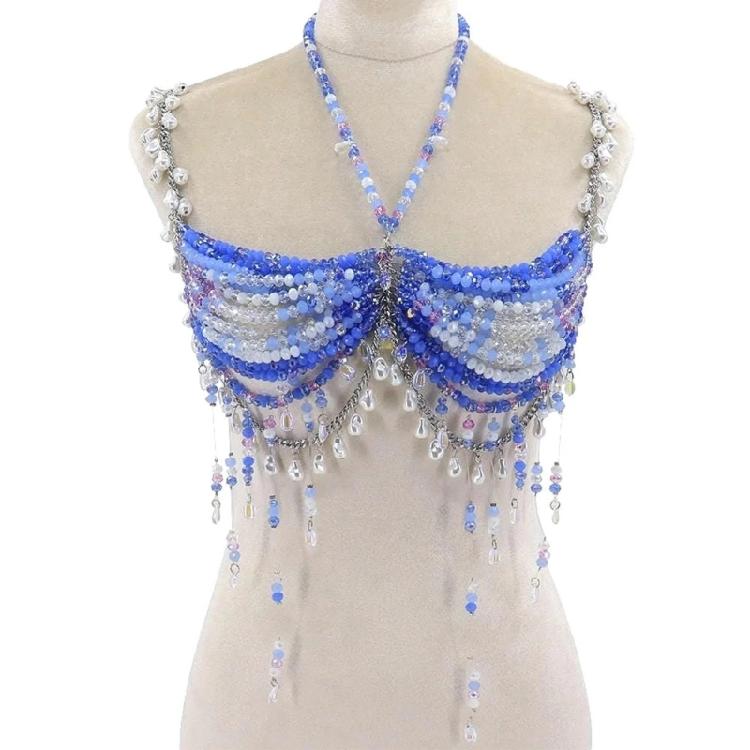 Women's Gradients Body Chain Jewelry Bra Colorful Beaded Tassels Halter Neck Crop Top For Dancing and Festivals Wear