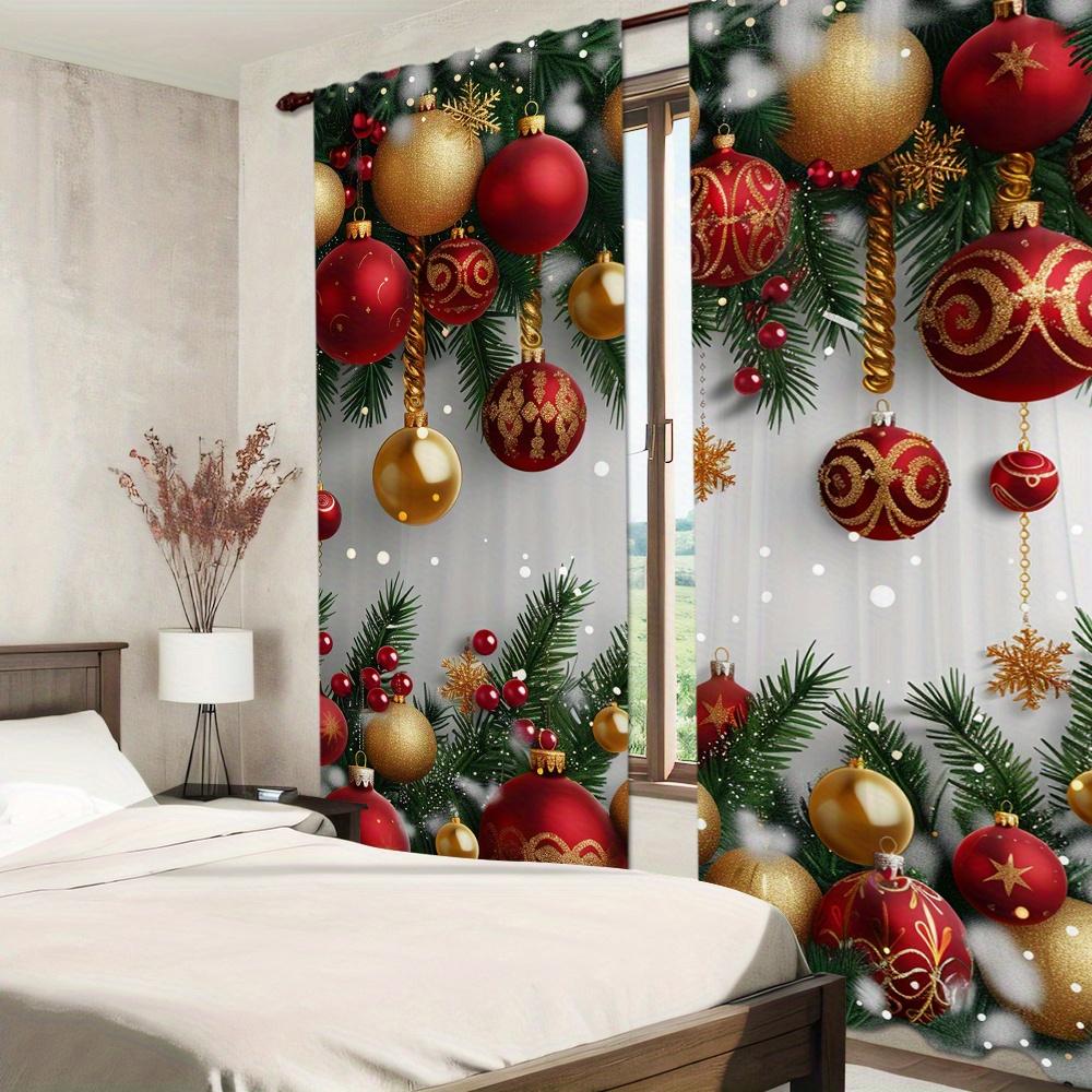 2 Pieces Christmas Deer Bell Pine Branch Patterns Curtains Rod Pocket Mount Digital Printed Polyester for Living Room Kitchen