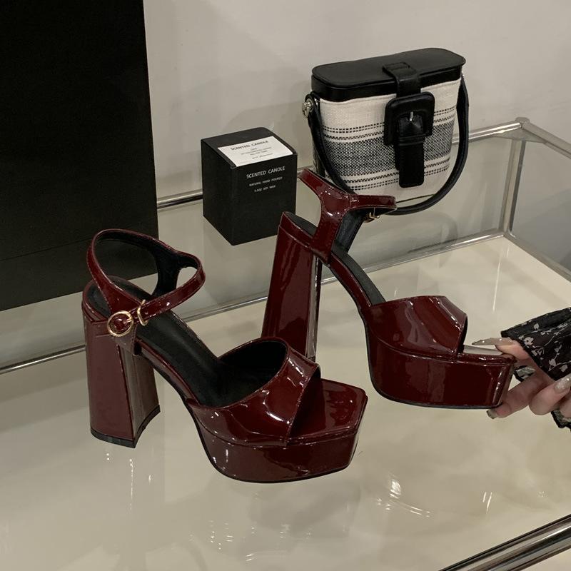 

One-word square-toed thick-heeled sandals, super-long legs, model catwalk high heels 40 бордовый