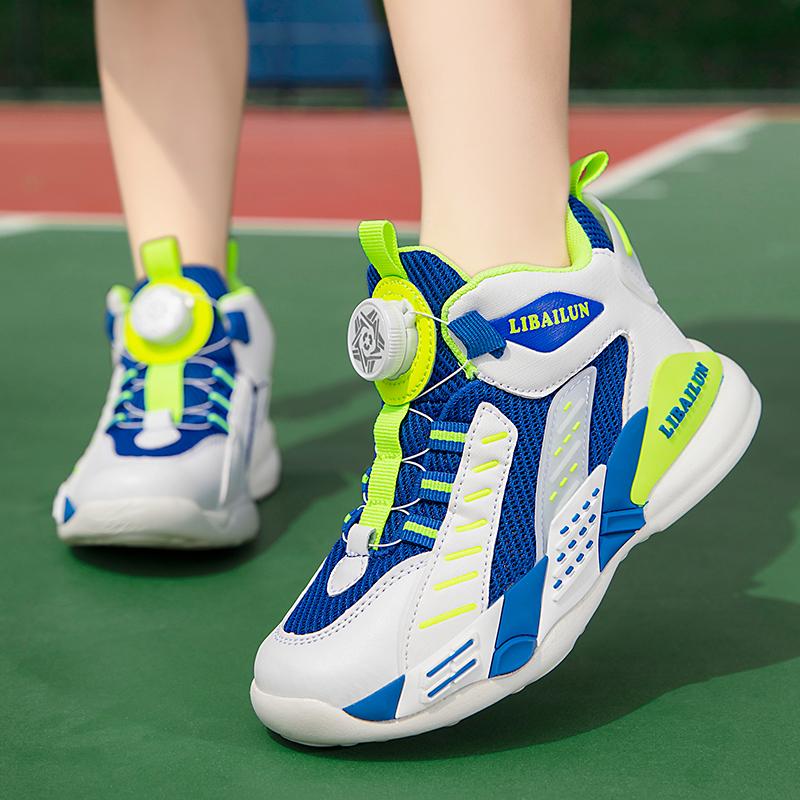 Kids Sneakers Basketball Shoes Boys Spring Fashion Rotating Button Anti-slip Shock Absorption School Students Sports Shoes
