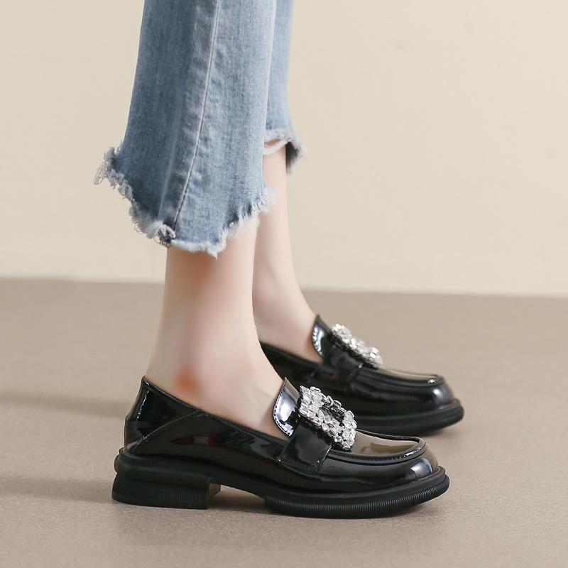 Thick-soled small leather shoes for women, retro one-pedal rhinestone single shoes for women