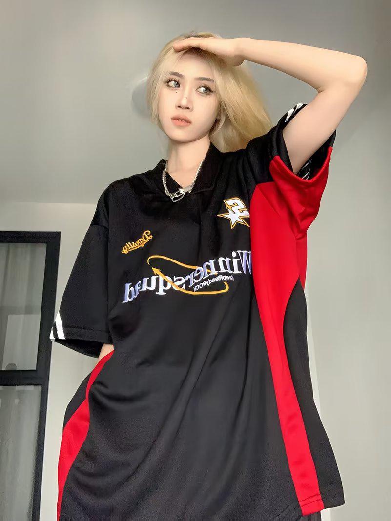 

Мужская футболка с коротким рукавом и V-образным вырезом в американском стиле с вышивкой — летняя повседневная и стильная XL чёрный