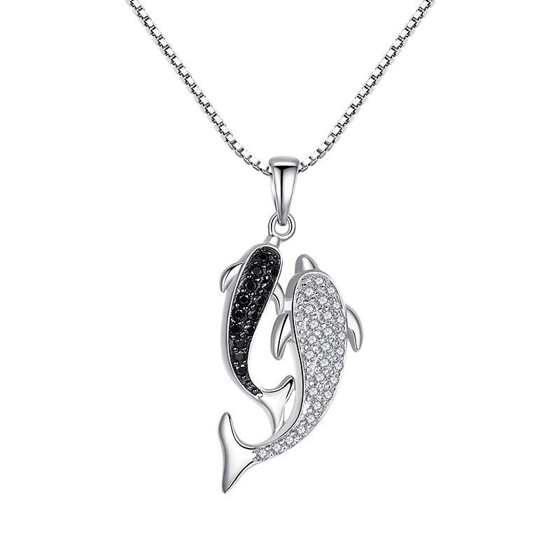 Double Dolphin S925 Sterling Silver Two-Tone Diamond Necklace for Women - Niche Korean-Style Design