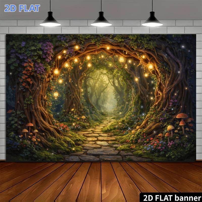 2D Flat Banner, 1 Piece of Magical Forest Themed Backdrop Cloth, Featuring Vine Arches and Pebbleszyc