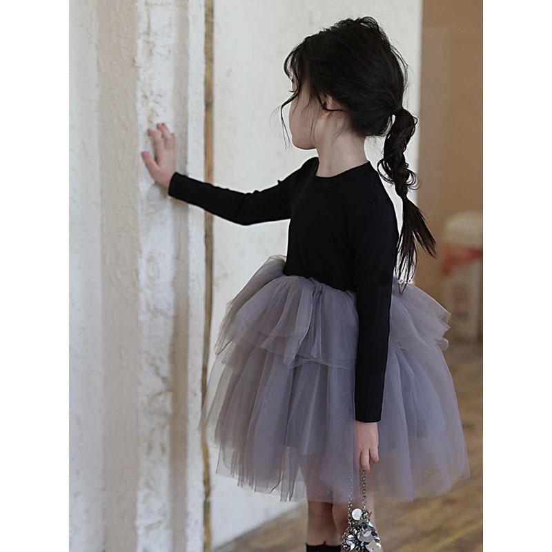 Korean Style Girls' Puffy Princess Dress - Long Sleeve Mesh Gauze Skirt for Spring & Autumn