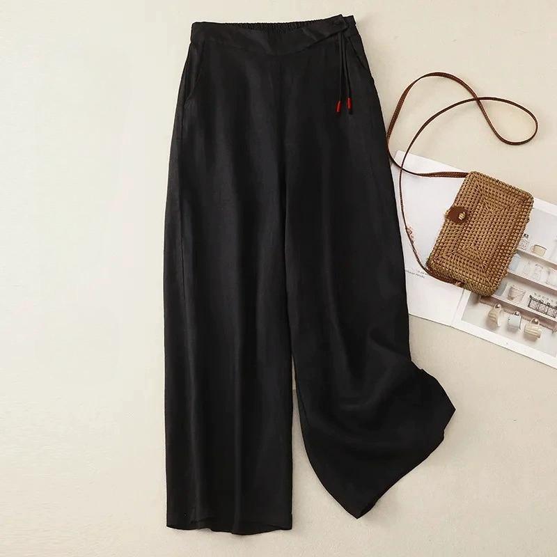 

Women s Slate Blue Linen Wide-Leg Pants Elastic Waist Drawstring Casual Loose Trousers 3XL