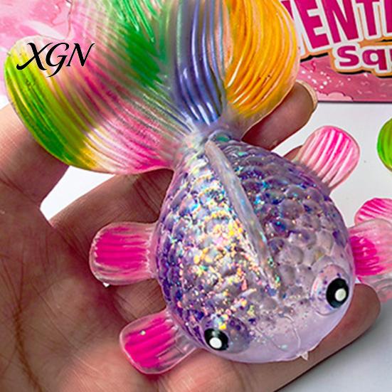 Anxiety Relief Toy Rainbow Tail Goldfish Squeeze Stress Clear Glitter Fish Sensory Portable Reliever Soft Stretchy Shape Home Office Desk Ball