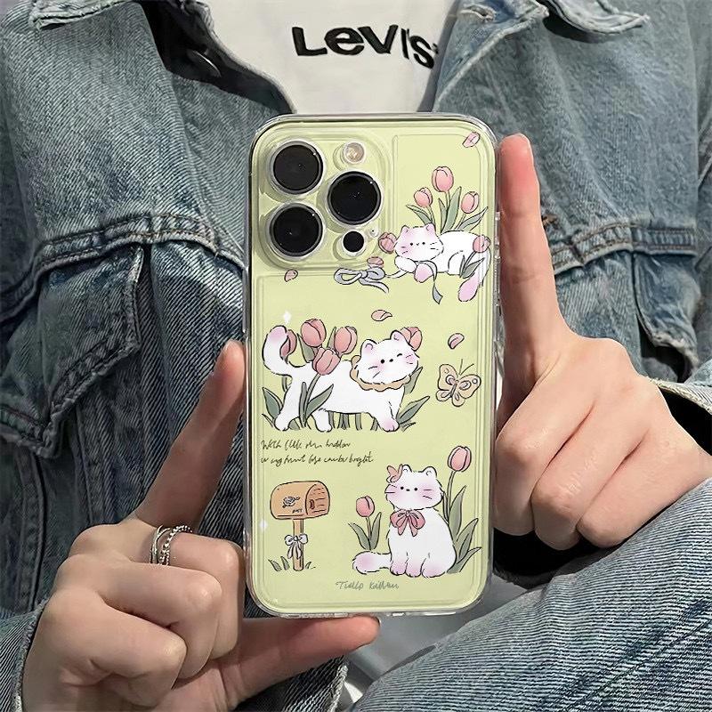 Tulip White Cat Mobile Phone Case All Inclusive for Apple 13/14PROMAX/15PRO/16PRO/14/15X