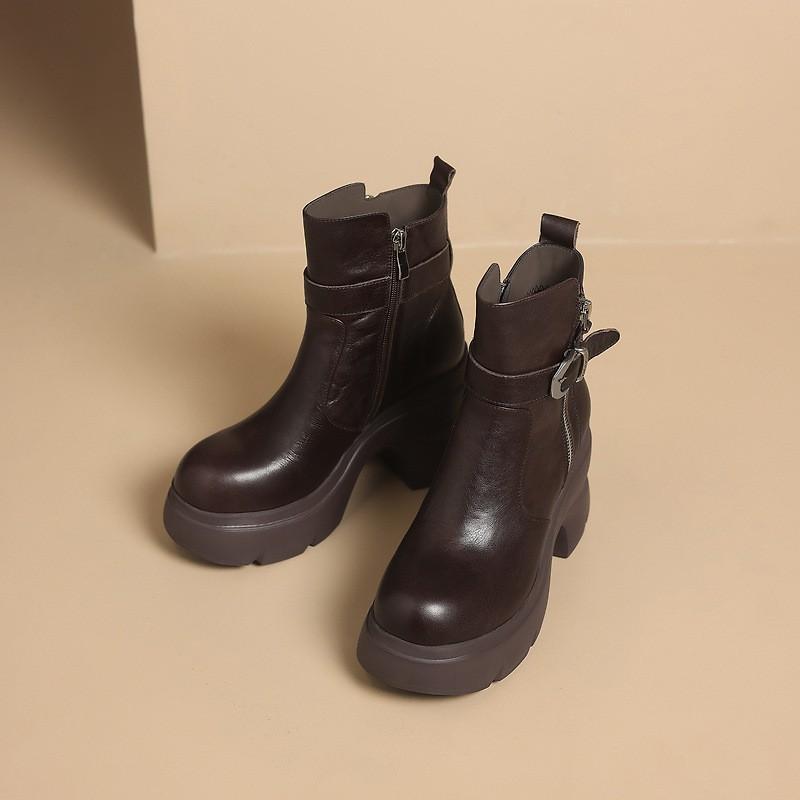 Womens Black Fashion Thick Sole Platform Short Boots Round Toe Chunky Heel Side Zip Motorcycle Fall Winter