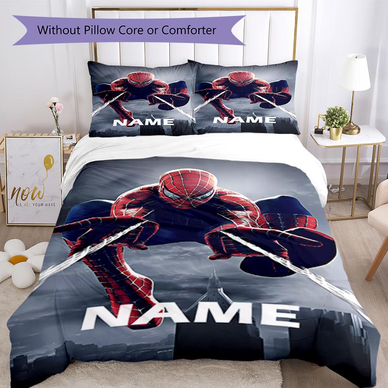 3pcs Custom Name Spider Man Bedding Set Duvet Cover Closure Includes 1 Duvet Cover & 2 Pillowcases, Soft and Comfortable for All Seasons.
