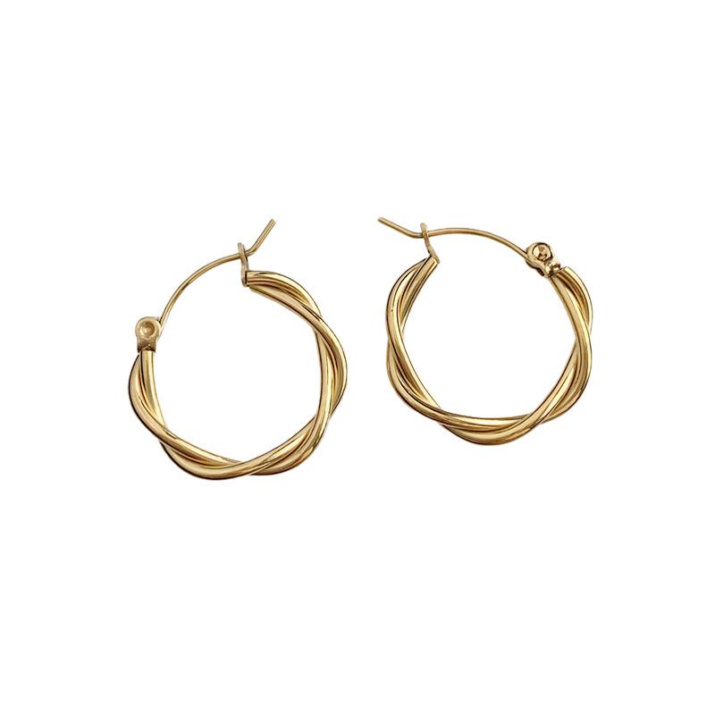 French Retro Gold-Plated Twisted Hoop Earrings - Titanium Steel Studs for Women, European-American Fashion.