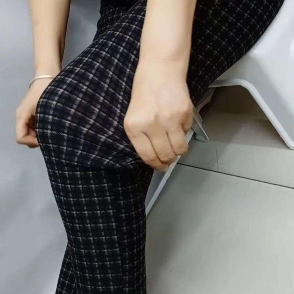 Women's Fall and Winter Padded Pocket Straight Plaid Pants Elastic High Waist Comfortable Warm Pants