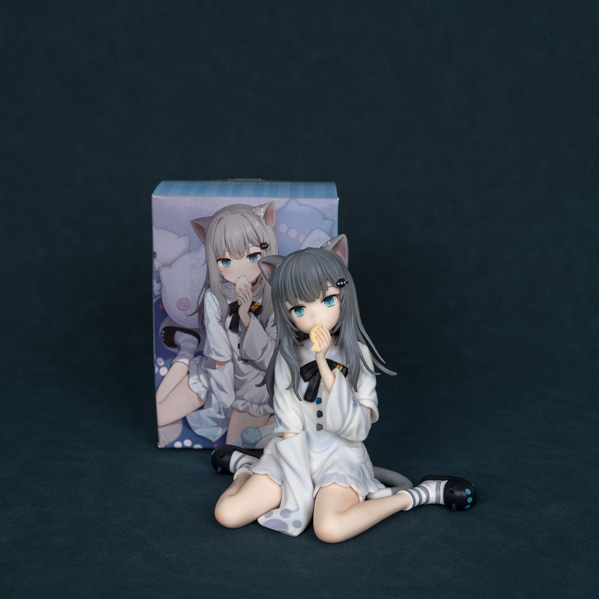 

Nachoneko Seated Anime Cat Girl Figure Cute Cat Ear Gray Hair Eating Fish PVC Collectible Figure Desktop Ornament For Anime Fans