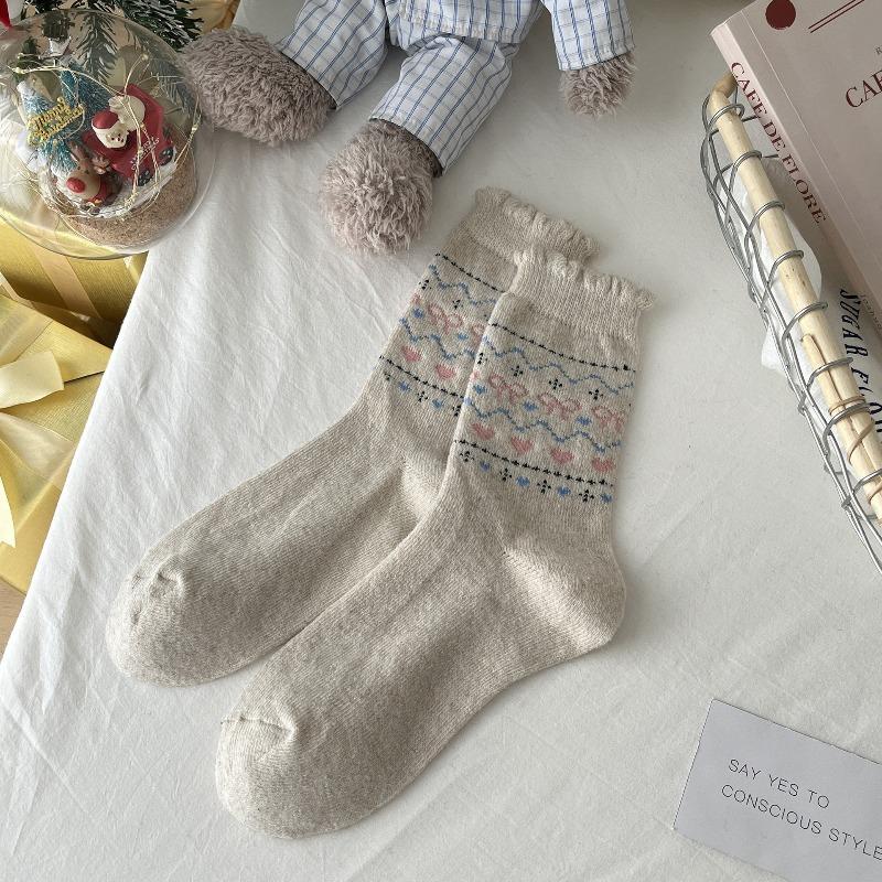 Fall/Winter Wool Socks - Fel Island Elk Warm Mid-Calf Socks - Bowknot Heart Retro Style Thick Socks - Children's