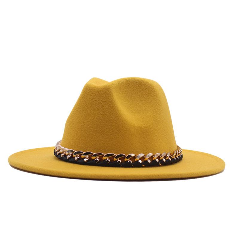 European, American Autumn and Winter British Style Fashionable and Elegant Flat-brimmed Big Eaves Hat Top Hat Men and Women Chain Jazz Woolen Hat