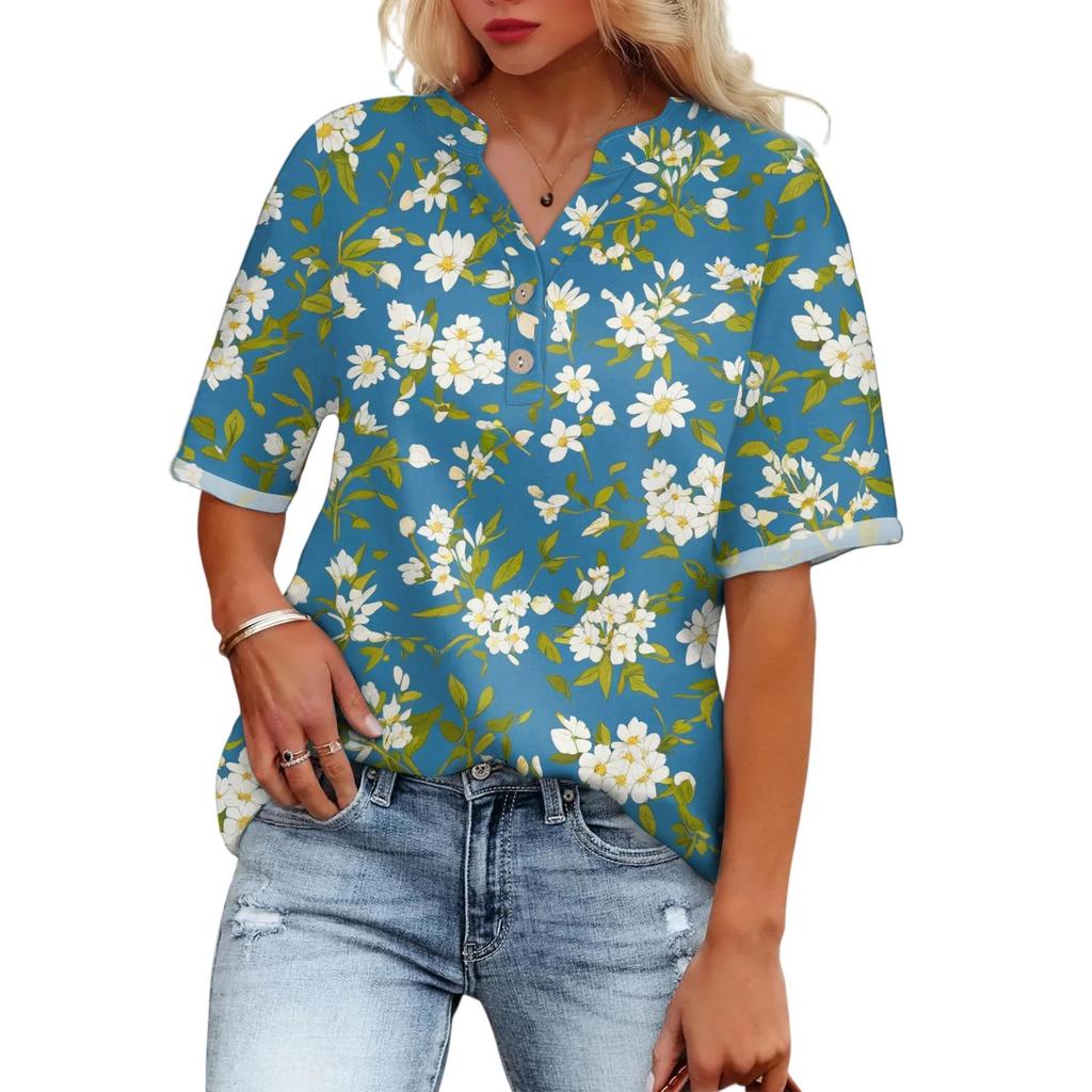 Ladies Casual Fashion V-Neck Button Floral Print Short Sleeve Top