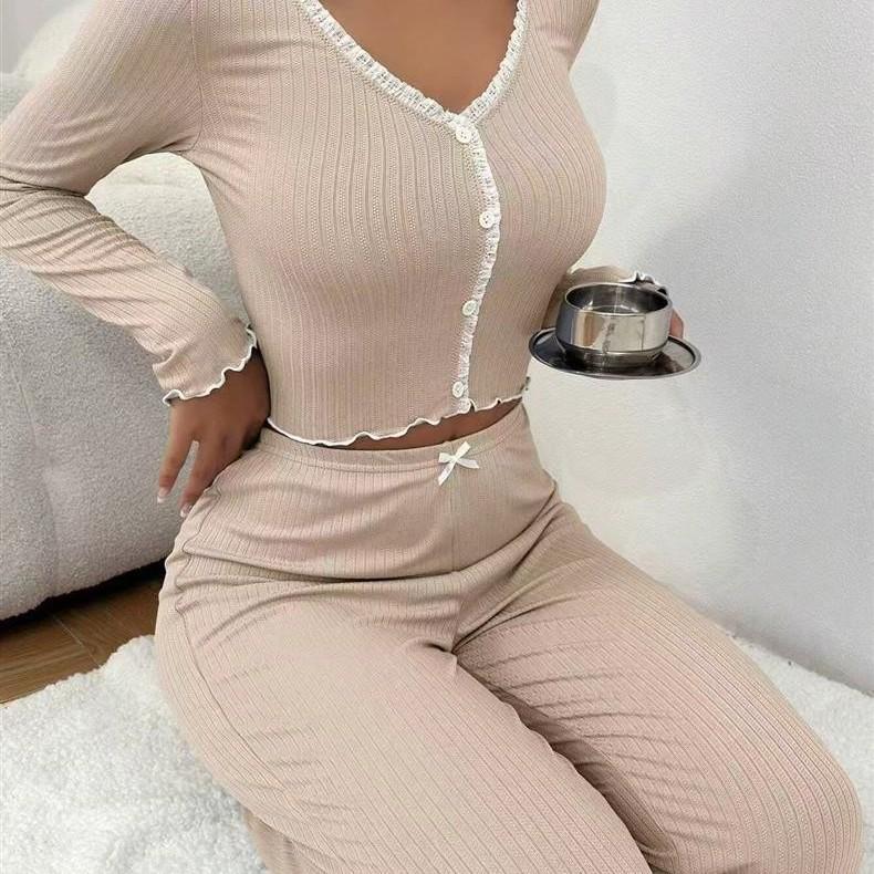 European & American Lace Long Sleeve Pajama Set - Slim Fit