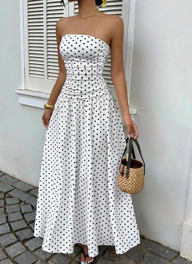 Ärmelloses High-Neck-Langkleid mit Wellenpunktmuster und Rüschensaum für Büro und Alltag