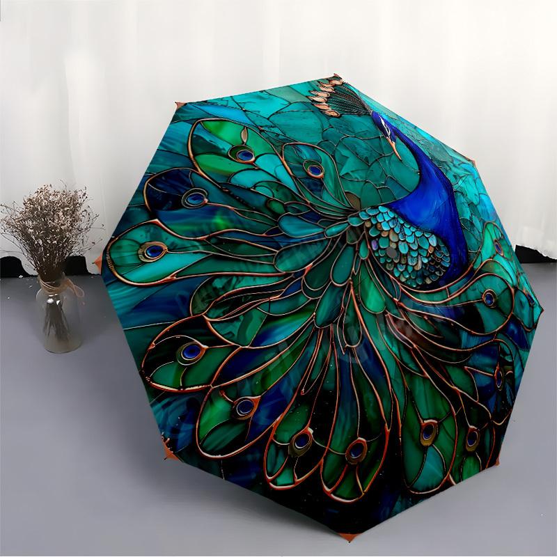 1pc Peacock Feather Compact Travel Umbrella, Automatic Folding Lightweight Windproof 8-Bone Reinforced Design, Portable for Backpack Durable