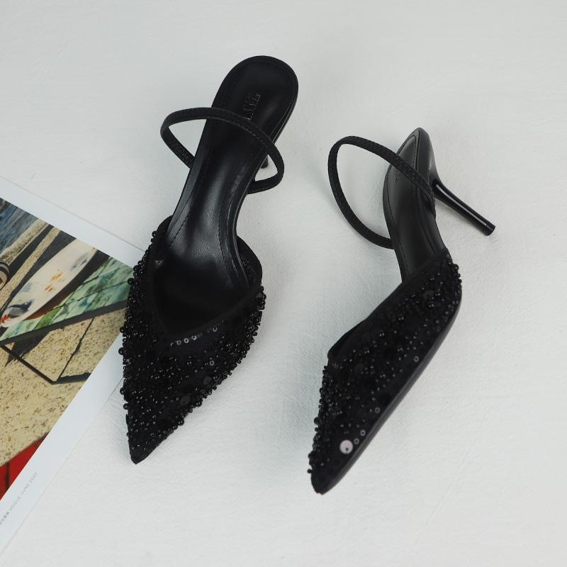 Mode Elegant Party High Heels Damenschuhe Glitzernde Pailletten Perlen Mesh Markendesign 2025 Sommer Stiletto Büro Dame Luxussandalen
