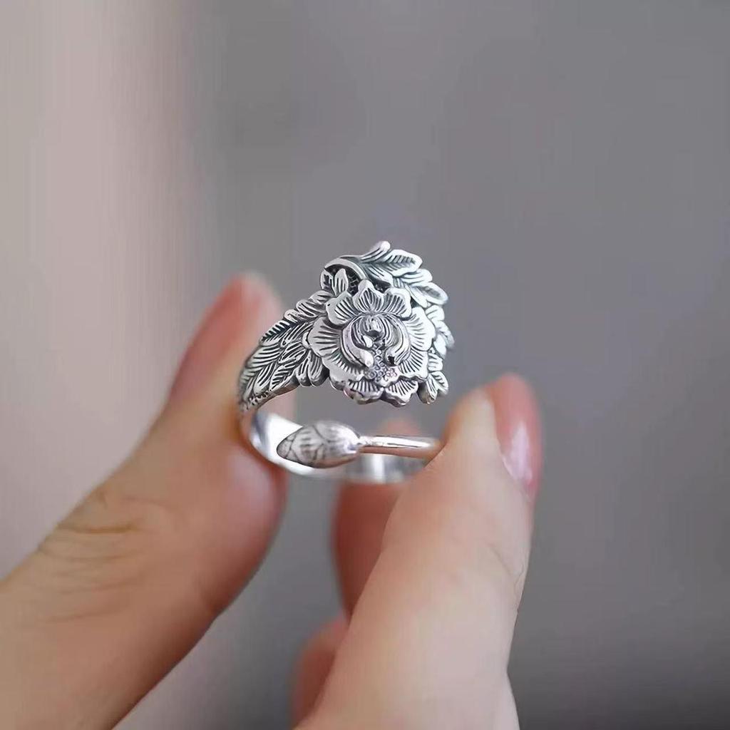 Retro Ethnic Peony Floral Wide Band Women's Ring - Exaggerated Ancient Style and Heavenly Fragrance-Inspired Design