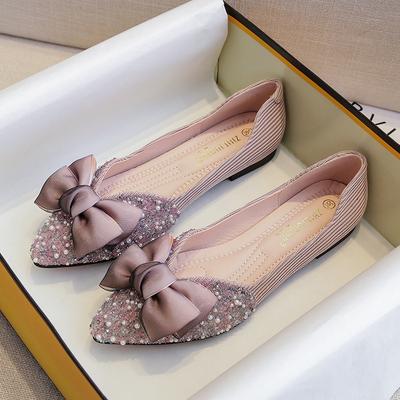 Single Shoes Women's Spring Bow Pearl Single Shoes Women's Flat Rhinestone Pointed Beanie Shoes Boat Shoes Large Size