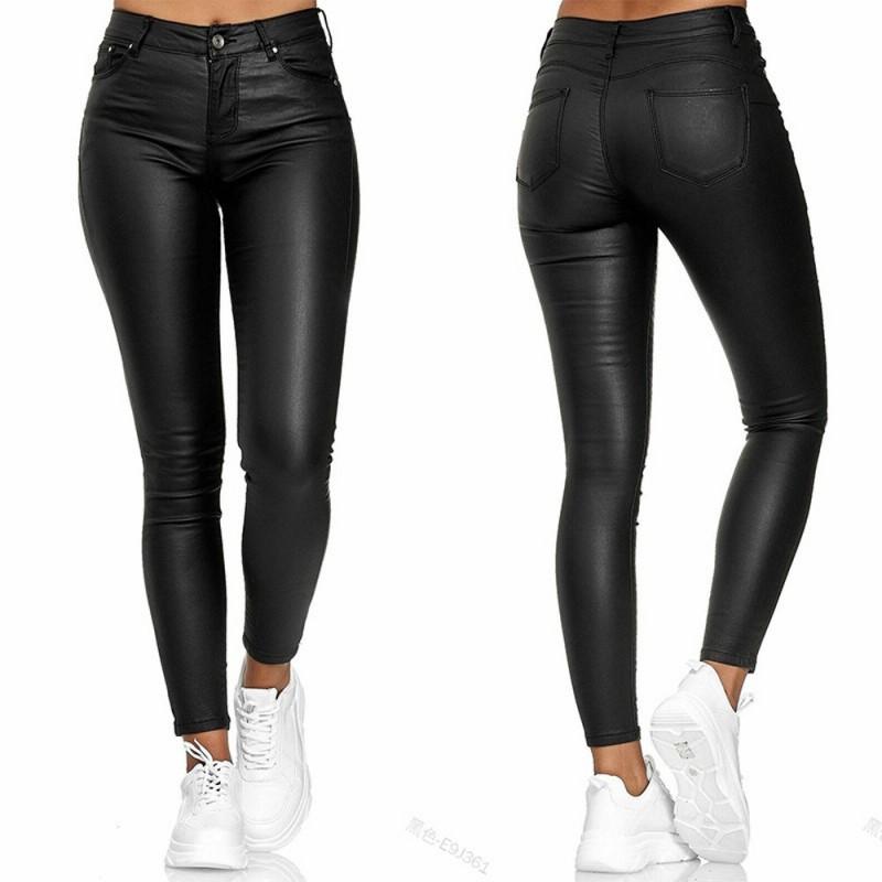 High Waist PU Leather Slim Fit Casual Pants Women Black Blue Burgundy Stretch Fitted Trousers