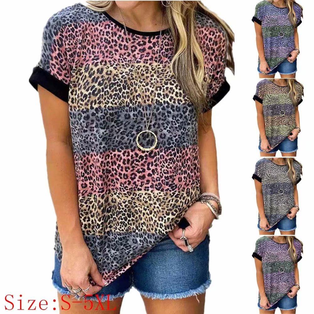 

Женский летний топ с леопардовым принтом и короткими рукавами, повседневная свободная футболка, топ