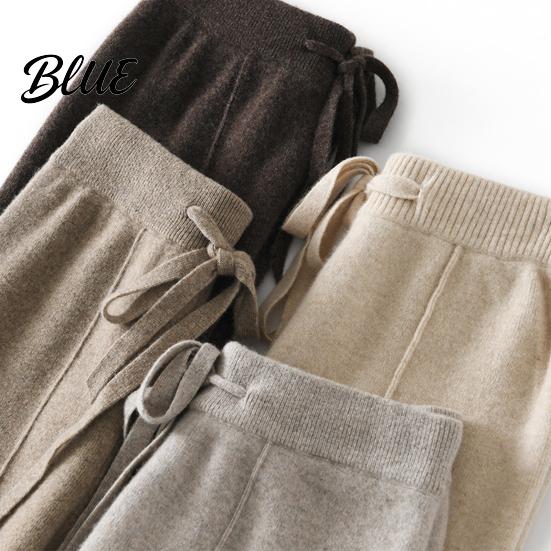 Casual Trousers Women Long Pants Elastic High Waist Wide-Leg Knitted Comfortable Knit with Pockets Solid Color Autumn Winter Warm Lightweight