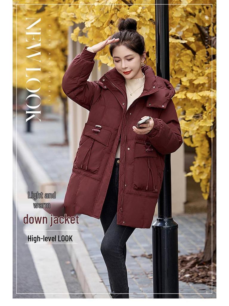 Women's Mid-Length Red Down Jacket, Winter 2024 Style, Loose Fit, Casual Thick Ankara Coat