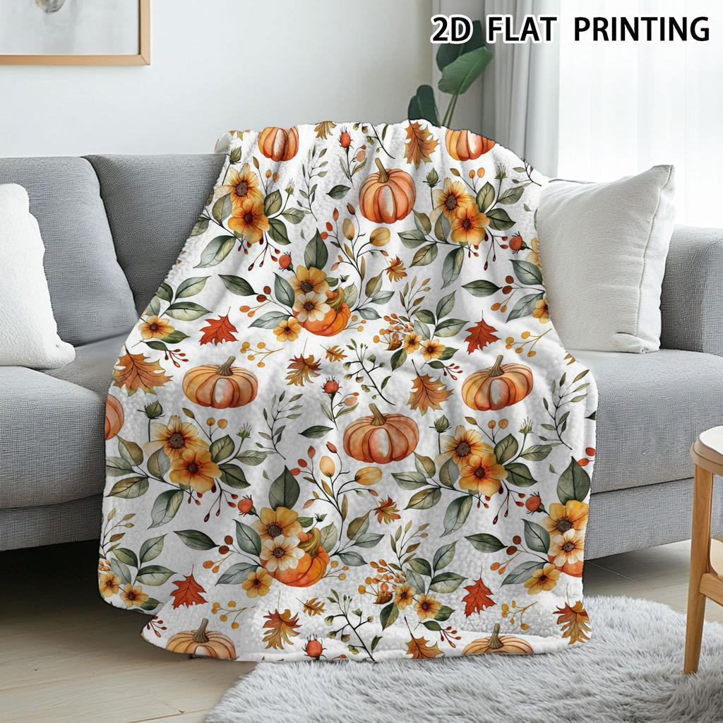 2D Flat Printing 1pc Soft Fleece Blanket, Suitable for - Comfortable And Warm - Autumn Pumpkin And Watercolor Harvest Floral Bedspread, with Autumn Le