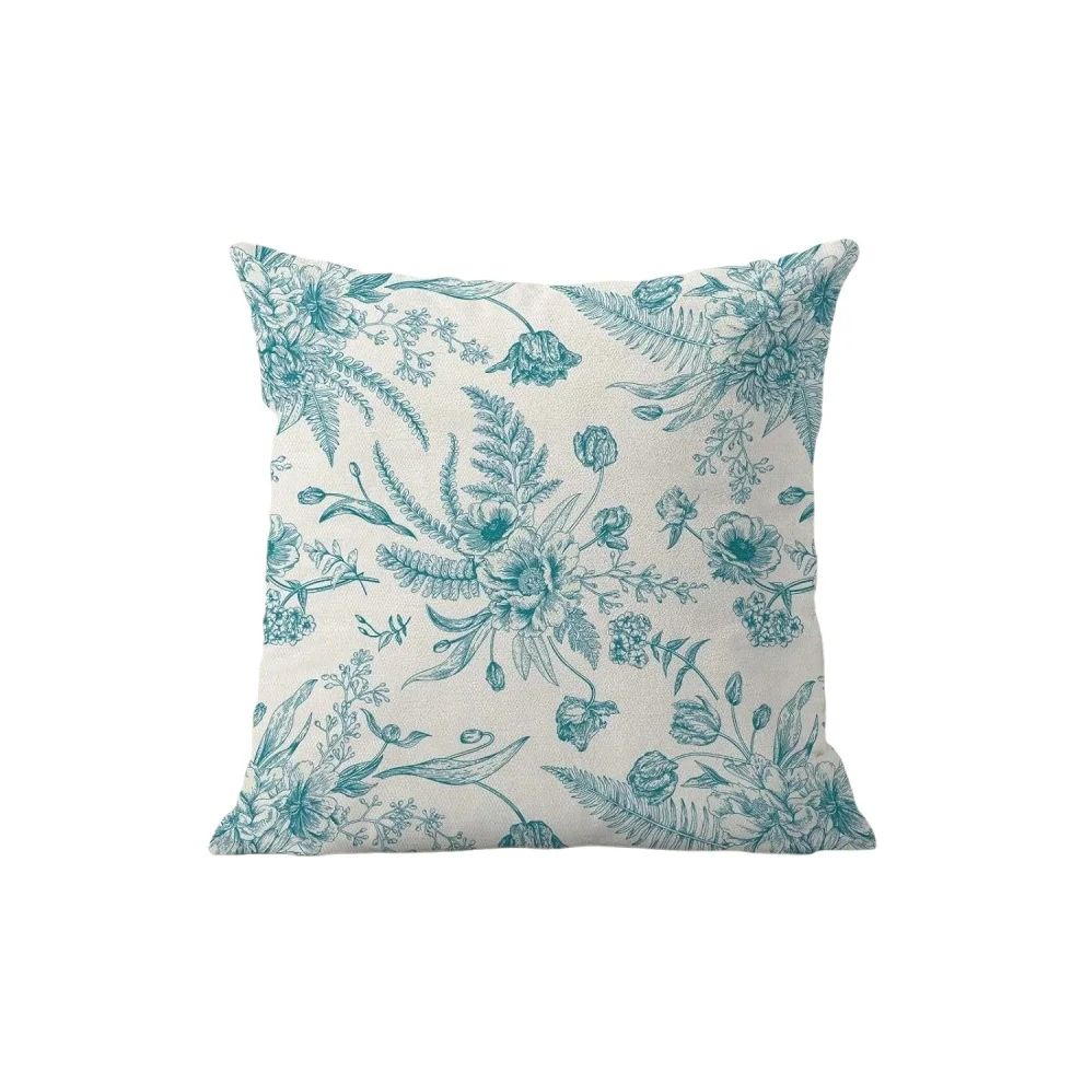 1Pc Teal Botanical Floral Pillow Cover, Polyester Double-Sided Print, Vintage Flower & Fern Design, Nature-Inspired Home Decor G