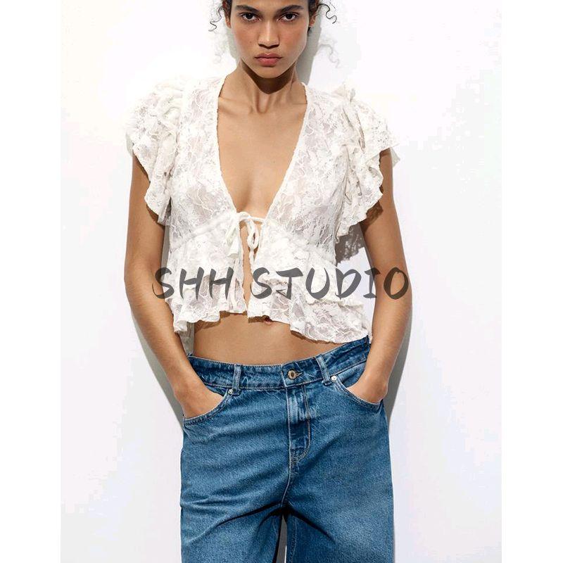 Spring and Summer New Women's Clothing Sweet Style Laminated Decoration Bowknot Decoration Lace V-neck Short Sleeve Jacket 2298187