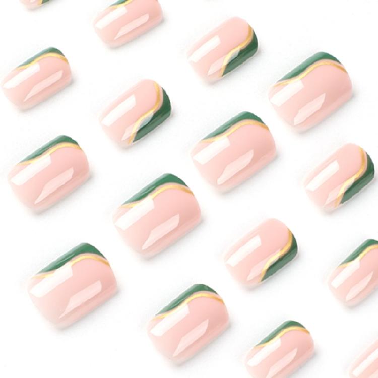 24 Pcs Glossy Press On Nail Short Square False Nail Lovely Swirl Stick On Nail French Tip Artificial Nail