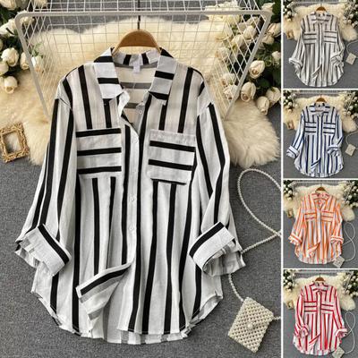 Women Casual Shirt Lapel Long Sleeve Vertical Striped Pattern Shirt Single Breasted Loose Fit Shirt Tops Streetwear