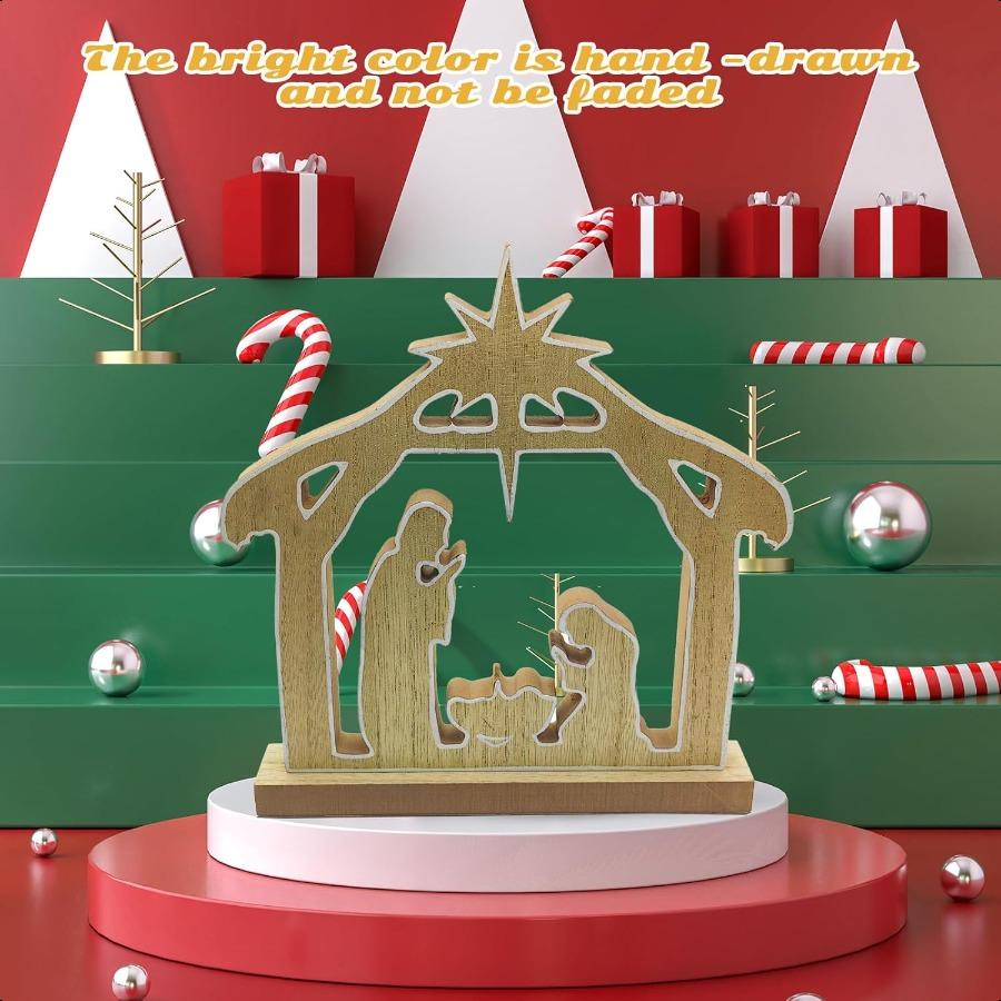 Wooden Nativity Scene Sets Hand Painted Holy Family Figure Religious Christmas Decoration for Table Centerpiece Home Jesus Offi