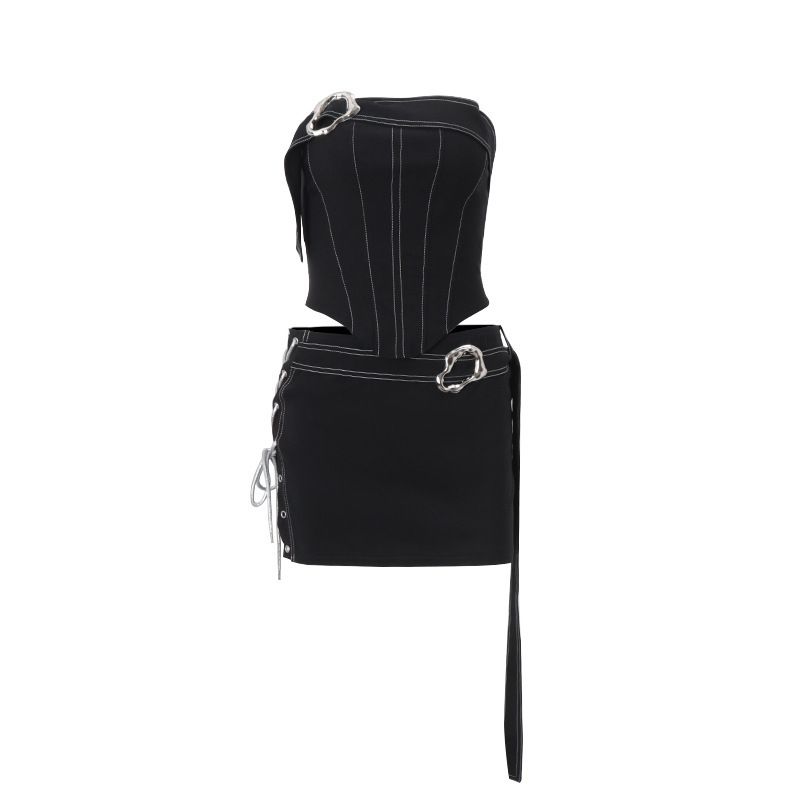 

European and American 2025 Women clothes Sexy Tube Top Irregular Slimming Top Trend American Street Sheath Short dress Set Black (Suit) L