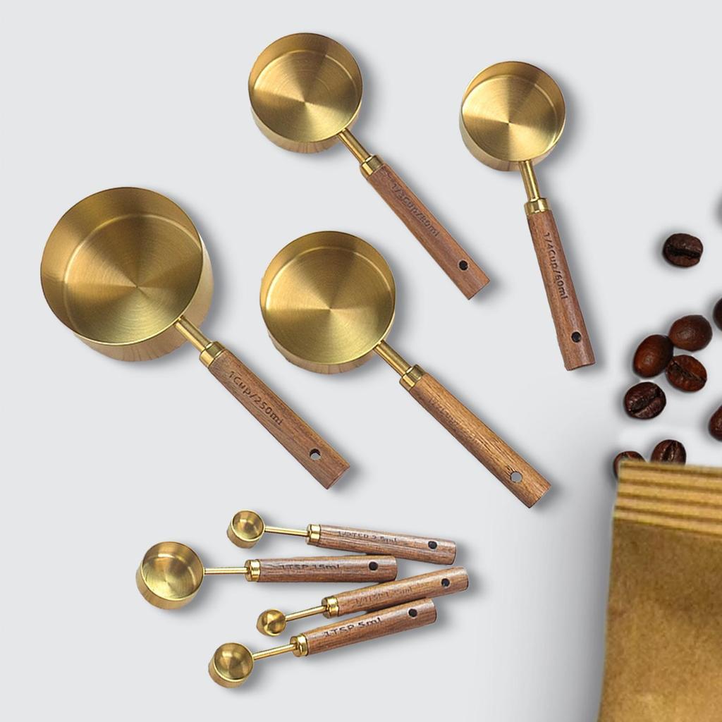 8Pcs Measuring Cups and Spoons Set Stainless Steel Wooden Handle Baking