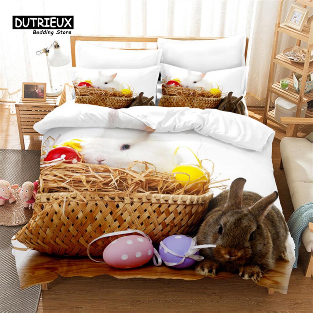Bunnies Duvet Cover Mushroom Floral Bedding Set Cute Animal Rabbit Quilt Cover Twin Size Greetings and Presents for Easter Day