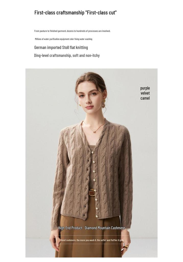 Lekasha Cashmere V-Neck Pearl Button Cable Knit Sweater Coat for Autumn and Winter