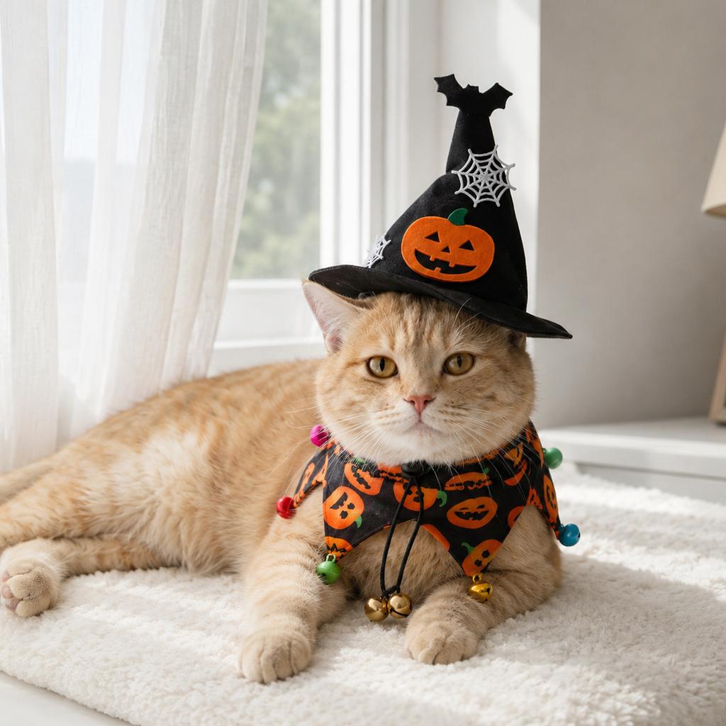 Halloween Pumpkin Witch Hat and Scarf Set for Pet Costume Party