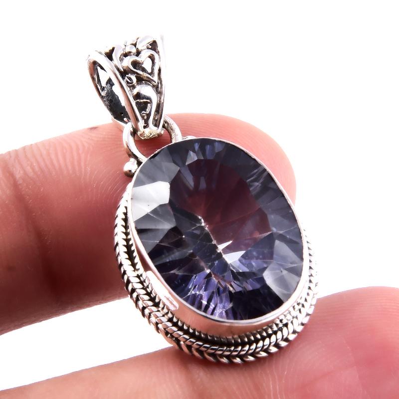 Natural Blue Mystic Topaz Gemstone 925 Solid Sterling Silver Pendant 1.4'' M0Y17