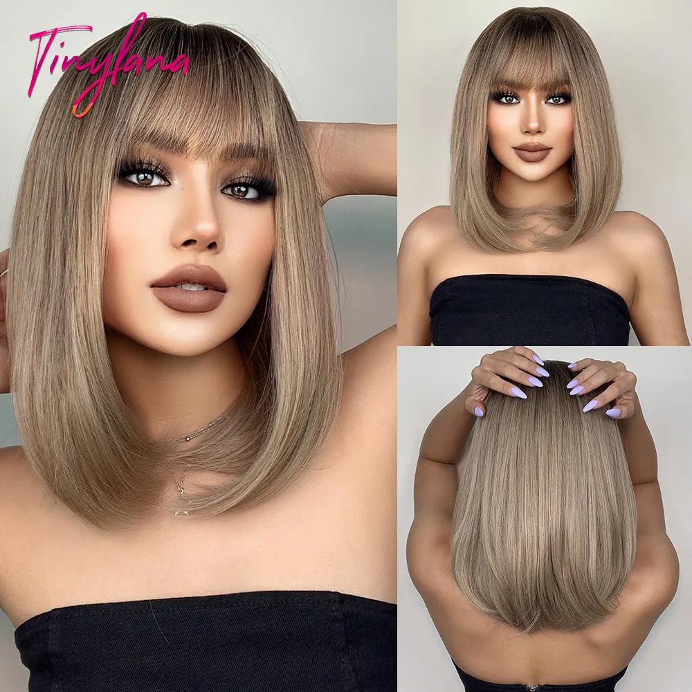 Dark Brown Short Bob Synthetic Hair Wigs with Bangs Straight Cosplay Lolita Natural Wig for Women Afro Blunt Cut Heat Resistant