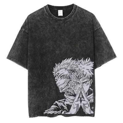 Letní vyprané tričko Anime grafický potisk Streetwear Vintage oversized tričko Pánská móda Bavlněný top Černé tričko