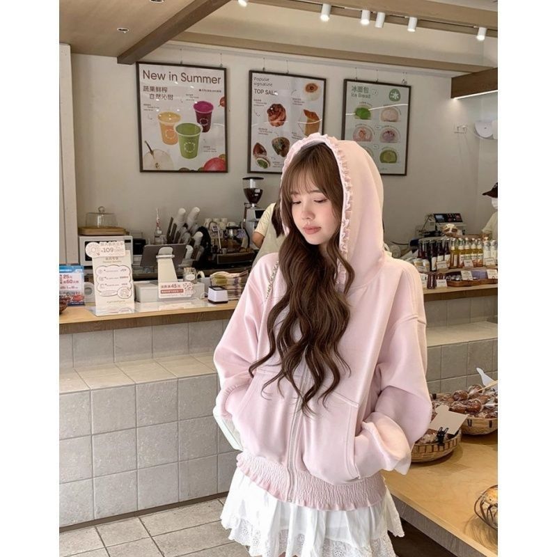 

Designer-Style Zip-Up Cardigan Jacket for Women, Early Autumn New Style, Loose Fit, Slimming, Ruffled Edges, Versatile Long-Sleeve Top, Trendy Pink S