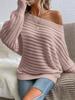 Autumn Winter New Solid Color 3D Ribbed Horizontal Stripe One-Shoulder Batwing Sleeve Pullover Knit Sweater for Women