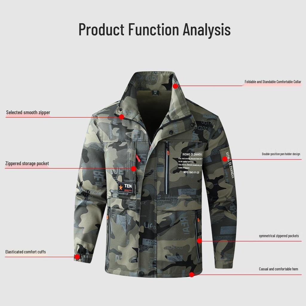 Men's Camouflage Workwear Set, Wear-Resistant Polyester-Cotton with Reflective Strips, Thickened for Spring & Autumn Outdoor Use